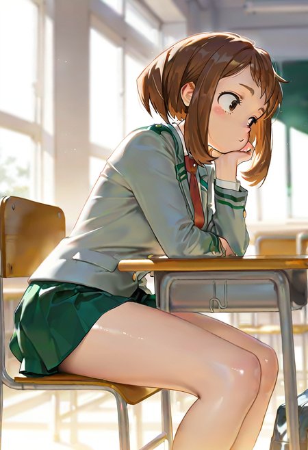 masterpiece, best quality, amazing quality, very aesthetic, absurdres, newest, scenery, volumetric lighting, depth of field, shiny skin,
1girl, uraraka ochako, winsch, blazer, red necktie, green skirt, 
sitting, school desk, school chair, 
hand on own chin, elbow on table, 
classroom, 
masterpiece, best quality, amazing quality, very aesthetic, absurdres, newest, scenery <lora:Uraraka_Ochako_illustrious-XL:1>