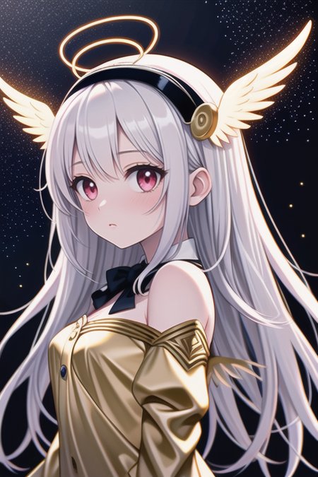 (((masterpiece))),(((crystals texture Hair))),(((((extremely detailed CG))))),((8k_wallpaper)), (1 girls:1.5),big top sleeves, floating,beautiful detailed eyes, overexposure, side blunt bangs, buttons, bare shoulders,(cute),light shafts, soft focus, character focus,wings,(((Transparent wings))),[[((Wings made of golden lines,angel wing,gold halo around girl,many golden ribbon,Aureate headgear,gold magic circle in sky, light, black sky):1.3):((galaxy background, snowflakes, night sky, black pupils, starts sky background, stars behind girl, view on sky,standing):0.8)],[(Elegant hair,Long hair,The flying golden lines,Messy golden lines,halo,hairs between eyes,Small breasts,ribbons, bowties,red eyes, golden pupil, white hair,flowing hair,disheveled hair,lowing long hair):(Delicate arms and hands):0.8]  <lora:LCM_LoRA_Weights_SD15:1>