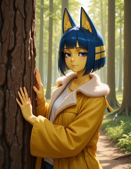 Semi-Realistic Style in a wide shot. Looking at viewer, outdoors in daylight, explicit
She is a 25 year old mature woman, and adult, Sympathetic with a soft gaze, a gentle smile, and a reassuring hand on someoneâs shoulder. 
<lora:Animal_Crossing_-_Ankah_V2_000030:1> she is an  egyptian woman with yellow skin, with cat ears. Blue hair in a bob cut with blunt bangs, she is a furry female with a cat tail. Wearing a
Faux fur coat with an oversized collar, soft texture, and a flowing design
A woman stands beside a tall, ancient tree, placing her hand on its rough bark as she takes in the surrounding forest, the leaves rustling softly in the wind.