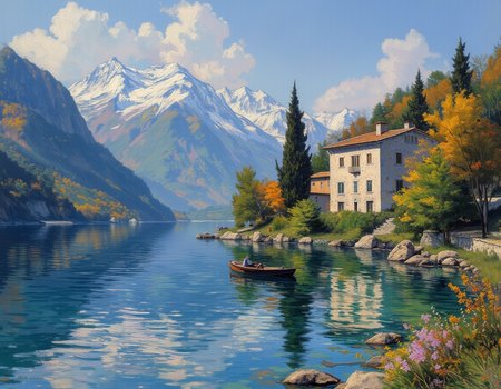 <lora:OBä¸­ä¸çºªæ²¹ç»v1.1:1> OByouhua, oil painting
oil painting of beautiful lake, there is a small fishing boat in it, in the far back a large italina inspired villa, and in the further back are some snow peaked moutains, trees surround the villa, quite space, breathtaking views,