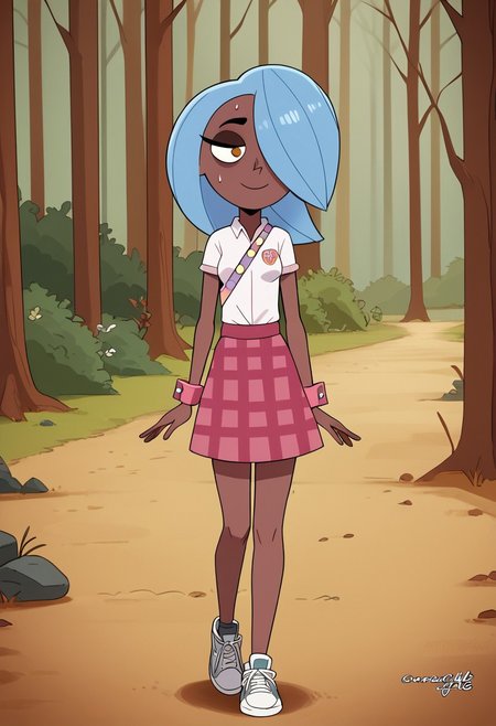 score_7_up, 1girl, erin_cc, dark complexion, one amber eye, one light blue eye, medium length blue hair, hair covering left eye, Scout uniform, white short-sleeved shirt, pink cuffs, pink sash  with badges,  pink flannel skirt,  dark-purple and white sneakers, sensual, curvy, standing, in the woods, outdoors, nature, hike, sweat, looking at viewer, feminine, artistic effects, smiling, unbutton, breasts