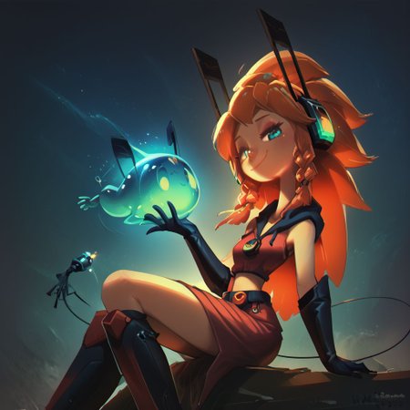 score_9, score_8_up, score_7_up, score_5_up, 28y old girl, pale skin, tall girl, long (((thick))) neck, long legs, (sitting), astronaut engineer, gradient brass to copper, heavy visor robot eye on one eye, two eyes, oversize long thick darkcopper skirt, ((engineer gloves)), taped long skirt above legs, heavy utility tools belts hanging, champion belt with huge buckle with many toolboxes, oversize hoodie on back, red thick rubber oversize hood on the back top, open helmet, covered ears, light plate space armor, heavy backpack, covered neck with radio, microphone from headset to mouth, thick black wires around, ((oversize)) thick glass bubble helmet transparent, mecha long winglike antennas above helmet, square oversize glasses, white rubber heavy sneakers, white long socks, translucent slime boy, (((black thick and long wire tail))),  beautiful eyes, (((detailed eyes, detailed face))), (smug), (((long)) (tape) (striped) hairstyle with this single ((large)) (((very long))) taaped braid, soft shading, 8k, masterpiece, face and waist close-up shot, dark space background,