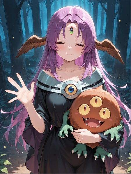 witch of the black forest, 1girl, closed eyes, smile, black forest, :o, collarbone, brown head wings, black long dress, green third eye, closed mouth, slit pupils, open mouth, fangs, monster hug, 1other, monster, sangan, waving, 
masterpiece,best quality,amazing quality,very aesthetic,absurdres,newest,<lora:Witch of the Black Forest illusXL v1.4:0.7>,