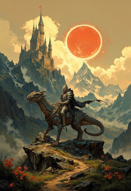 8k high quality digital painting , masterpiece, very detailed, ultra realistic, (best quality) very detailed epic masterpiece, 
unearthly beautiful, a breathtakingly beautiful landscape in the French Alps, in the foreground a shiny knight riding on a dinosaur-like dragon watches a beautiful castle in the distance, the low yellow-red sun casts long shadows, enchanting landscape, fairytale-like, calm mood, flowers in the foreground, realistic