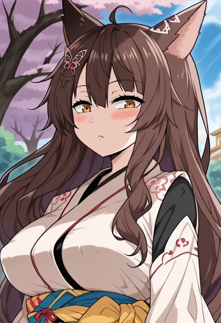 1girl, fumi \(nijisanji\), animal ears, long hair,, brown eyes,  hair ornament, sash, very long hair, butterfly hair ornament, brown hair, hair between eyes, virtual youtuber, hair flower, fox ears, fox girl,  tail, fox tail,  <lora:pony_char_fumi_(nijisanji)-000045:1>,,,,, anime coloring, anime screencap, 1girl,Solo ,, anime,PUFFY nipple,huge breasts,,official art, Uncensored ,Unedited ,,,, , ,,,