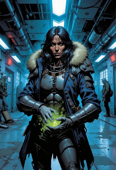 Epic, comic book style detailed digital character rendering of a (Good:1.2) ((African :1.5)) female battlemage. (Medium length black hair:1.1), middle-aged with (light wrinkles:1.1), imposing and rugged look. Wearing a (post-apocalyptic navy jacket:1.4) with furry collar, layered beneath is a (metal armor armor:1.3). Proud stance, (kind expression:1.2). Green healing magic emanating from hands (Healing:1.8). Clothing incorporates various textures: (metal:1.1), (fabric:1.5), and (leather:1.5). Bandaged hands. 
Presented against a background of a futuristic corridor bathed in blue light with occasional red emergency lights casting soft glows along the edges. The corridor is so wide the walls cannot be seen. Some ceiling panels removed or hanging loose, exposing wires and cables. Small vents release intermittent bursts of steam, and the floor is worn, marked with scuffs and stains. Blue lights line the ceiling, creating an abandoned yet functional feel. The corridor feels as though it was once a main thoroughfare, now left neglected and quiet, with distant sounds echoing faintly
