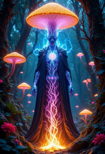 aidmaMJ6.1, aidmaimageupgrader, A fantasy surrealistic mushroom magician stands majestically in the heart of a luminous, futuristic jungle. His towering fungal headpiece glows with radiant bioluminescence, mirroring the vibrant energy of the environment. The magician’s robes ripple with patterns resembling mycelium threads, faintly pulsing with mystical light. At his feet, an otherworldly living plant wraps its glowing, sinewy vines around his legs, its tendrils alive with energy. A shimmering network of light flows through the vines, connecting the magician to the forest around him, as if the entire jungle is channeling its essence into him. Towering alien flora and radiant fungi surround the scene, casting a kaleidoscope of colors, all rendered in exquisite detail with a surreal, Avatar-inspired aesthetic, captured in breathtaking 4K quality.