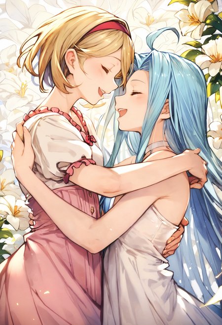 score_9, score_8_up, score_7_up,score_6_up, source_anime, best quality, aesthetic, absurdres,
lily on background, profile,
2girls, yuri, (smile, open mouth:1.2), imminent kiss, hug, closed eyes, 
lyria \(granblue fantasy\), very long hair, blue hair, ahoge, (body_slim:1.1), small breasts, (choker:0.7), white cami-dress,
djeeta \(granblue fantasy\), blonde hair, short hair, hairband, 
<lora:JitaRuri-Pony:0.8> jitaruri,  <lora:IshikePony:0.5>