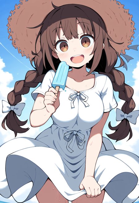 masterpiece,best quality,amazing quality,
1girl, straw hat, solo, hat, food, popsicle, dress, twin braids, braid, open mouth, brown hair, long hair, sun hat, smile, brown eyes,looking at viewer, bow, white dress, holding, short sleeves, breasts, ribbon, hair bow, :d,
<lora:AverageHanzo_epoch_10:1>