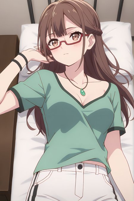 (green shirt two-tone shirt pants:1.30), gg-miranda, necklace, brown hair, brown eyes, red glasses, medium breasts, 1girl, solo, skinny, score_9, score_8_up, score_8, score_7_up, score_7, score_6_up, score_6, score_5_up, score_5, source_anime, blush, bedroom, (lying:1.20), (3koma:1.20), , <lora:gg-miranda-V01-000003:0.90>
