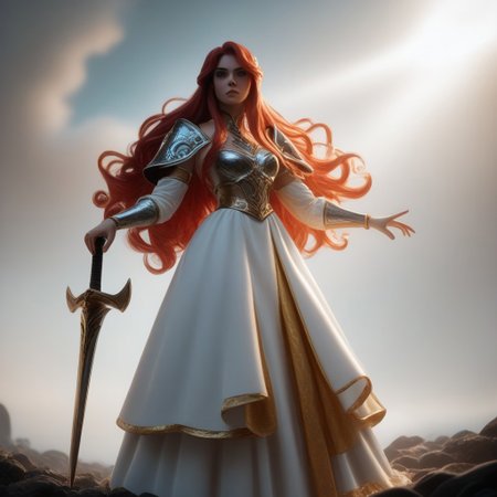 score_9, score_8_up, score_7_up, score_6_up, score_5_up, score_4_up, rating_safe, warrior princess, pmg style, beautiful woman,  dramatic red hair, long flowing hair, lenore, devious expression, porcelain armour, gold sword, SwordPlanted, standing, sword in hand, sword planted, weapon, dynamic style, rim lighting, hd photo, shadows