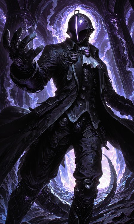masterpiece, best quality, very awa, absurdres, highres, ultra-detailed, 8K,  CG, official art, artist:mon_(monmon2133), chromatic aberration, high contrast, color contrast, cold colors, gritty,
Bondrewd, made in abyss, male, black coat, overcoat, ascot, black gloves, helmet, masked, long sleeves, black boots, black pants, outstretched arms, wide angle, incoming attack, attacking pose, foreshortening, hand down, claw,
dark purple background, pillar, purple and black theme,  purple smoke, underground facility, mechanical lizard tail, 1hand up, glowing, glowing mask, 
bokeh,  (dramatic angle,  dynamic angle:2), light rays, hard lighting, Backlit lens flare, vignetting, <lora:spo_sdxl_10ep_4k-data_lora_webui:0.6>  <lora:748cmSDXL:0.3> <lora:mon_monmon2133:0.4><lora:noobai_vpred_1_masterpieces_v1:0.5> <lora:bestdad:0.5><lora:cfg_scale_boost:0.3>