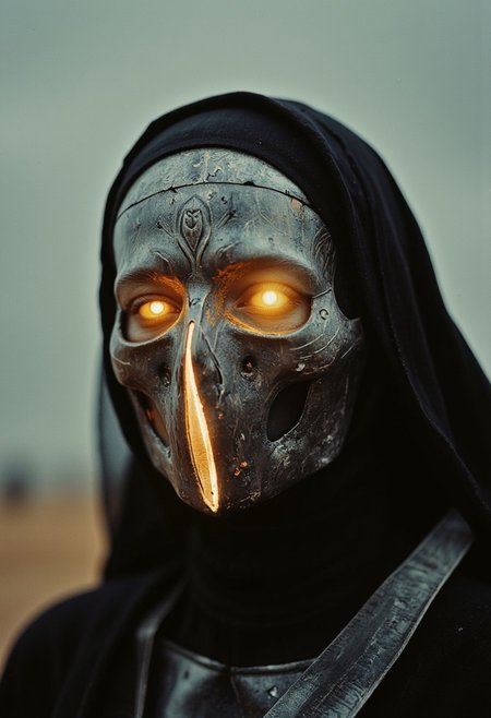 An extreme close-up of the nun’s face, framed by the intense, gritty realism of an old analog camera. The mechanical nun wears a detailed, ancient silver mask, its surface weathered and battle-scarred, yet intricately adorned with delicate engravings. The mask reflects the faint glow of divine energy, with radiant golden and white light flickering across its surface, highlighting every crevice and contour. Light shimmers and dances along the metallic surface, casting sharp contrasts between the glowing highlights and the deep shadows that fill the engraved details.
The eyes of the mask are hollow and eerie, yet there’s an ethereal light faintly pulsing from within, suggesting a divine power concealed behind the cold steel. Around her, the chaotic swirl of a dense, raging sandstorm blurs the edges of the image, creating an atmosphere of both serenity and violence. The violent storm is reflected in the shiny mask, capturing the dark, swirling sands while beams of holy light flicker from her weapon, illuminating her haunting presence in the middle of the storm.