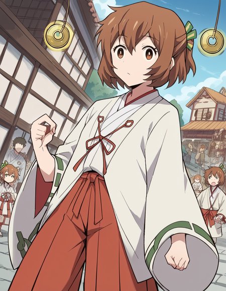 score_9, score_8_up, score_7_up, source_anime, <lora:loghorizon-minori-s2s3-ponyxl-lora-nochekaiser:1>, minori, short hair, brown hair, brown eyes, half updo, ponytail, short ponytail, hair ribbon,, japanese clothes, wide sleeves, miko, hakama, red hakama,, town, small, streets, community, people, , <lora:pendulum-ponyxl-lora-nochekaiser:1>, pendulum, holed coin, coin on string, hypnosis, mind control, coin, @ @,, looking at viewer, solo,, dutch angle, cowboy shot