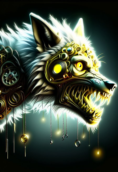 A hyper-realistic cgi profile of a skeletal wolf with gaping jaws sharp teeth and a yellow eye  disheveled fur fused half with a (human:1.1) set against a dark smoky background. The lighting accentuates the bone's texture and eerie atmosphere., <lora:- NAI - ac_illustration_V1.0-step00011000:.2>  <lora:- NAI - PdJ_highres_counterweight_V.2.0-step00021000:0.7>