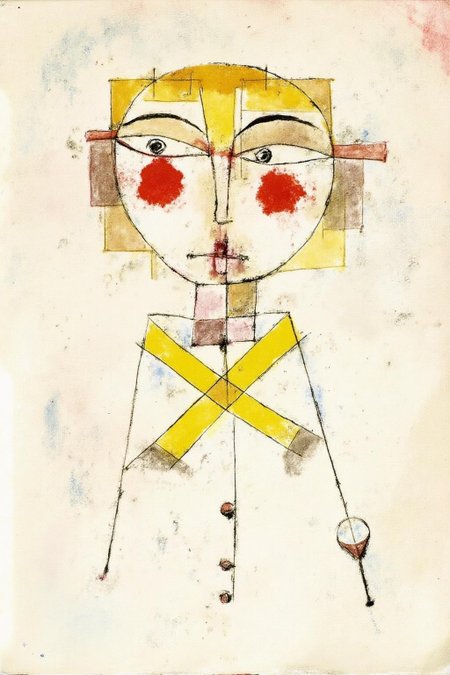 paulklee1 painting.
A surreal, geometric face-like figure with exaggerated features: large, round eyes, a prominent nose, and a small mouth. The face is composed of intersecting lines and shapes in shades of red, yellow, and brown.
  <lora:paulklee1_cap_d8a4e12:1.0><lora:839873940118785344:0>