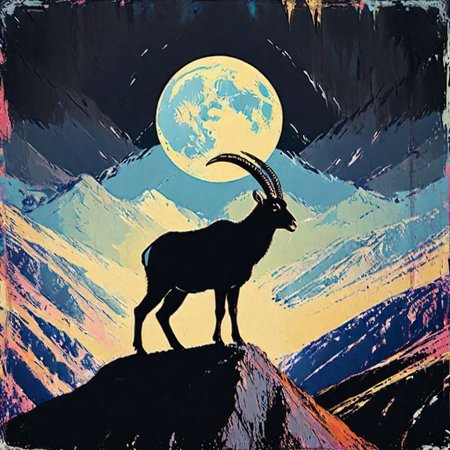 impactful color paint of, 1 walia ibex standing on top of a cliff under 1 white moon, black silhouette against white moon, black cliff, black  sky,