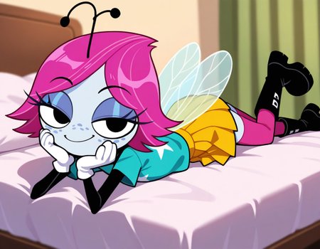 masterpiece, best quality, amazing quality, very aesthetic, high resolution, ultra-detailed, absurdres, newest, BREAK, detailed background, detailed hair, depth of field, detailed photorealistic details, volumetric lighting, masterpiece, newest, absurdres, safe, , very aesthetic, absurdres, Maggie Pesky, arthropod girl, short hair, pink hair, freckles, yellow skirt, pleated skirt, aqua shirt, white star print, pink thighhighs, white gloves, short sleeves, wings, ((4 arms)), black eyes, eyelashes, black skin, antennae, insect wings, black boots, standing, happy, smile, dynamic pose, dynamic angle, dramatic angle,excited, smug, smirk, half closed eyes, lying on stomach, on bed, resting chin on hands, one leg up, looking at viewer, lifted eyebrow,  , <lora:dd301880-a1bf-4ad1-b74f-0b6bb1ab7476:1.0>