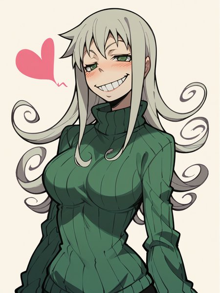 score_9, score_8_up, score_7_up, score_6_up, score_5_up,  <lora:SoulEaterXLP:1> soul eater, 1girl, solo, heart, curvy, sweater, long hair, grin