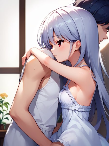 masterpiece,best quality, highly detailed, score_9, score_8_up, score_7_up, score_6_up,source_Anime,  <lora:Kazuki FF 5:0.9> kzk, silver hair, long hair, red eyes, small breasts, sundress, 
hugging male, faceless male, from side,