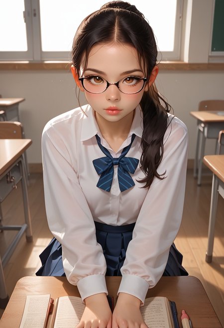 full body image, score_9, score_8_up, score_7_up, score_6_up, 1girl, 18 years old,  alone, morimee_style, cute face, asian, lump lips, brown eyes, small chest, black hair, ponytail, long hair, glasses, 
morimee_style, school uniform, classroom, holding books, looking at viewer, sitting behind desk
