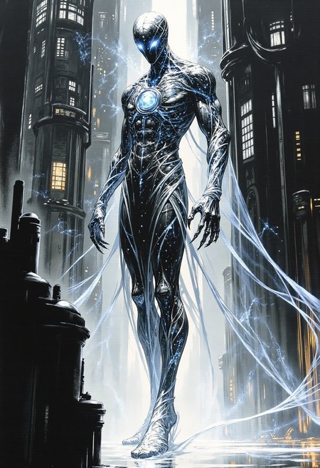 fg, Create an artwork of NYARLATHOTEP, a figure from the Cthulhu Mythos, also known as the Black Pharaoh. A shape-shifter who guides the energies of the mystic cosmos and arcane infinity.


Behind the figure, the sharp outlines of a City, named R'lyeh, the Sacred Stone City. 

The overall mood should be ominous and unsettling, capturing the essence of a cosmic horror entity.

Use lumen for dynamic lighting and reflective surfaces, employ ray tracing to make these effects even more realistic. Overall, the painting with a focus on detailed textures and dramatic lighting features a monochromatic scheme, primarily with shades of black, white, and gray.