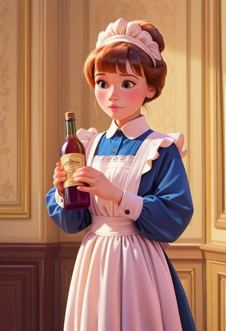 masterpiece, best quality, DisneyStudioXL, realistic, detailed, cartoon, cinematic, 1girl, solo, maid, holding bottle, ballroom