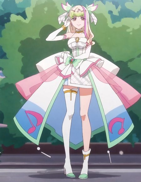 score_9, score_8_up, score_7_up, anime screencap, solo,1girl,curezukyoon, solo, gloves,elbow gloves, jewelry, idol, dress, thighhighs, earrings, musical note, bow, white gloves, smile, looking at viewer, bracelet, hair ornament, single thighhigh, boots, high heels, makeup, magical girl,large breasts,<lora:curezukyoon_pony:0.8>