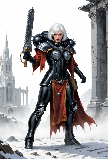 (Art by Drew Struzan), (masterpiece, best quality, hyper detailed, ultra realistic, 32k, RAW photo), full body shot of single adepta sororitas, black power armour, short red cape, holding a  single
 long masssive 40kchainsword, messy white hair, slight smile, dramatic pose, snowy ruins in background, gold:0.2 details, <lora:add-detail-xl:0.8> <lora:adepta_sororitas_xl_v1:1>  <lora:Desolation:0.3> <lora:Chainsword_-_Warhammer_40000_SDXL:1> <lora:RMSDXL_Enhance:0.8> <lora:quality1:0.8>
