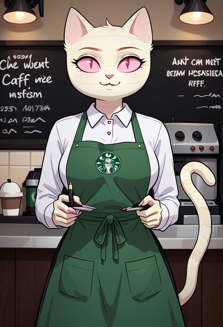 score_9, score_8_up, score_8,    <lora:Me-Mow_Adventure_Time_for_PonyXL:0.8> 1girl, cat girl, mem0w, wrappings, tail, pink eyes, coffee shop, uniform, apron