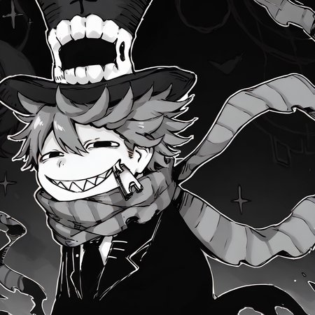 <lora:Happy_Heroine_Sniper:1> teeth, hat, sharp teeth, grin, scarf, top hat, monochrome, striped scarf, black suit
 <lora:AnyasHehFaceMeme_XLPD:0.8> IncrsAnyasHehFaceMeme, grin
