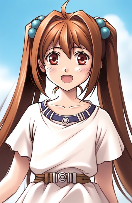 score_9, score_8_up, score_7_up, source_anime, rating_explicit, BREAKã <lora:Estelle_Bright_Retro_XL:1> Estelle_Bright, brown hair, long hair, red eyes, ahoge, brown eyes, very long hair, hair intakes,  short stack,
 1girl, solo, twintails, blush, hair ornament, hair bobbles, open mouth, dress, belt, 
upper body, collarbone, transparent background, white dress
day, outdoor,
looking at viewer, 
cowboy_Shot,
