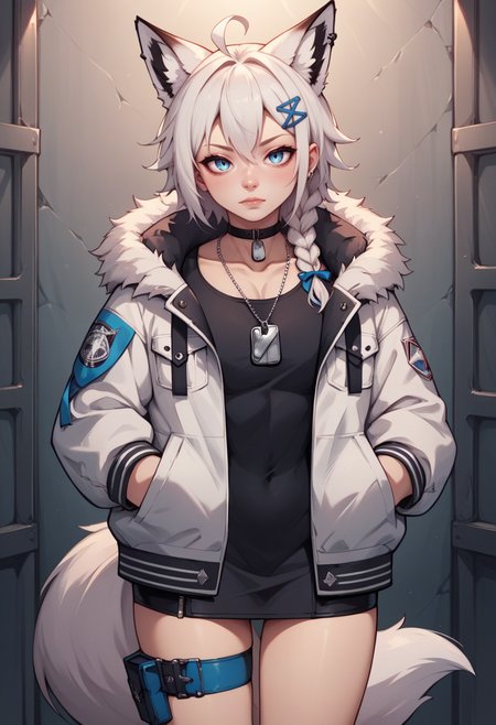 score_9, score_8_up, score_7_up, score_6_up, score_5_up, score_4_up, rating_explicit,  BREAK,  <lora:fubukiXL-10:0.75> fubukitechwear, white jacket, fur-trimmed jacket, hairclip, dog tags, choker, white microdress, black microdress, thigh strap, blue ribbon, white hair, single side braid, ahoge, piercing, fox tail, pentagram hands in pockets