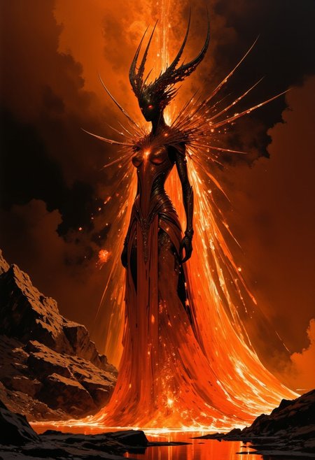 impressionist classical-style painting of a highly detailed, fantasy scene with a dramatic, fiery aesthetic. The central figure is a woman with an ethereal, glowing appearance, standing in a dimly lit, fiery environment. She has a striking, almost otherworldly appearance, with her skin glowing with a fiery, lava-like texture. Her long, flowing hair and eyes are an intense, fiery orange, matching the flames that surround her, she is dressed in a redish, glowing bodysuit made of lava and rock, smoke billowing in the background,  (((ultra-realistic style))), realistic soft lighting, dark, eye-catching, atmospheric lighting, natural, shallow depth of field, (highlights: 0.8), high detail (dynamic, cinematic shot, film grain, bokeh, depth of field,