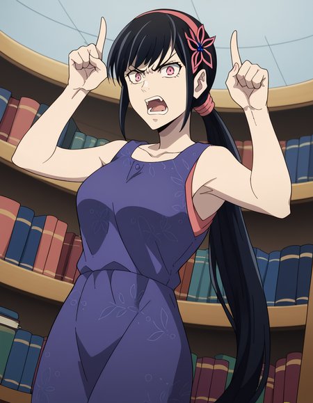 score_9, score_8_up, score_7_up, source_anime, <lora:yihwa-yeon-s2-ponyxl-lora-nochekaiser:1>, yihwa yeon, long hair, bangs, black hair, hair ornament, pink eyes, very long hair, hairband, large breasts,, dress, ponytail, purple dress, library, shelves, books, tables, quiet, , <lora:horns-pose-ponyxl-lora-nochekaiser:1>, horns pose, index fingers raised, angry, steam, open mouth, shouting, anger vein,, looking at viewer, solo,, dutch angle, cowboy shot