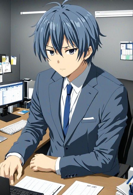high resolution, solo, best quality, 1Boy, Tomoya Okazaki, Grey Blue Hair, suit, worklife, workspace, OverallDetail