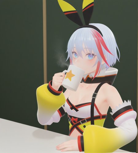 <lora:ãã©ã¼ã·ã¼foshi:1>,1girl, 
ãã©ã¼ã·ã¼(foshi),purple eyes,short hair,multicolored hair, white hair, red hair,streaked hair,side,sidelocks,bangs,
hairband, rabbit ears,
detached collar,
unitard,tailcoat,multicolored clothes,bare shoulders,off shoulder, strap,
cleavage,
butt crack,
detached sleeves,long sleeves, 
black pantyhose,
yellow boots,
coffee mug, collarbone, crescent, cup, drinking. looking at viewer, mug, print mug, solo, star /(symbol/), upper body, 
very awa, masterpiece, best quality, highres, absurdes,amazing quality,very aesthetic,intricate details, <lora:hand 5.5:1>