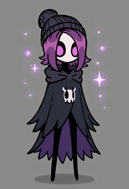 score_9, score_8_up, score_7_up, purple particles,
BREAK,
1other, bug, hkcharacter, solo, full body, huskcreature, mask, Uzi, purple hair, purple eyes, (mouthless:1.3), (black cloak, black beanie:1.3)