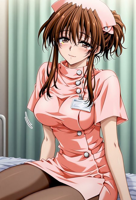 masterpiece, best quality, newest, highres, uncensored, 1girl, yokota mamoru style,1girl, slender face，motion lines, ,Kudou Chiharu,Brown Hair, Long Hair,brown Eyes, Tareme Eyes,Slim
solo, nurse, brown hair, sitting, brown eyes, hat, tears, pantyhose, nurse cap, blush, breasts,,looking at the viewer,seductive smile,torogao