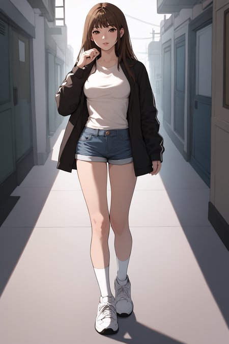 score_9, score_8_up, score_7_up, <lora:Bomi Choi-PonyXL-lora-Faxtron:0.7> bomi choi, brown eyes, brown hair, long hair, medium breasts, black jacket, white socks, denim short shorts, white sneakers, standing,