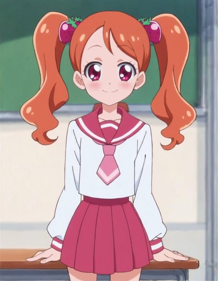 score_9, score_8_up, score_7_up, anime screencap, solo,1girl,usamiichika,  school uniform, pink necktie, smile, pleated skirt,  pink skirt, slooking at viewer, serafuku, long sleeves, shirt, strawberry hair ornament, looking at viewer,cowboy shot,small breasts,blush<lora:usamiichika:0.8>