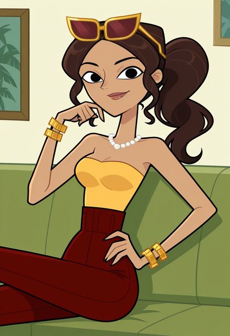 score_9,score_8_up,score_7_up, 1girl, solo, Riya_DC_IL, light brown skin, black eyes, long hair, dark brown hair, wavy hair, ponytail, lips, gold sunglasses on the head, white pearl necklace, yellow strapless top, gold bracelets, dark red skinny pants, looking at viewer, indoors, room background, (portrait) tall, sitting on the couch, smile, hand on hip, hand up