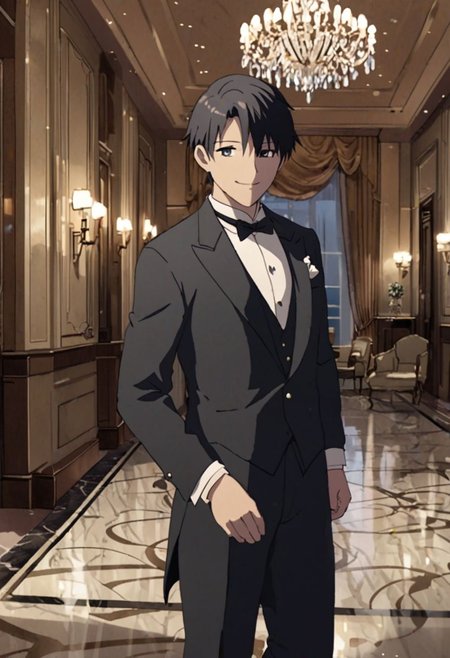 Highres, Masterpiece, High Quality, 4K, 8K, solo, 1Boy, Takaki Toono, adult, black hair, short hair, ballroom, luxury hotel, luxury room, marble floor, crystal chandelier, classic ornaments, tuxedo, smile, musterius, classy, confident, rich, easynegative, detailed_eye_model