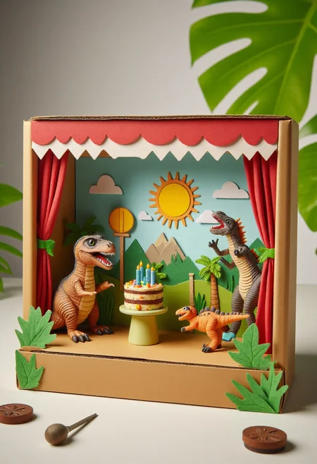 <lora:Finger_Puppet_Theater_FLUX-000013:0.9>
The image is a photograph of a whimsical, handcrafted diorama with a cardboard box set up as a stage,  featuring  dinosaur birthday party
