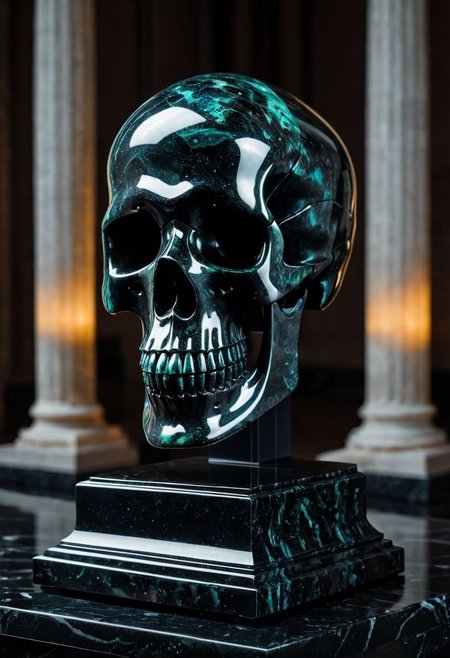 Fujifilm XT3, Sony A7 IV, (award winning photography) a black marble skull made of opal set on a pedestal in temple, glistening. in the background beautiful pillars, divine (iridescent: 0.79), opalescent textures, volumetric light, ethereal, sparkling, studio photo, highly detailed, sharp focus (highest quality: 1.39) (highest coherency: 1.39) (award winning photography), highly detailed photography, (muted colors, cinematic, dim colors, soothing tones:1.2), vibrant, insanely detailed, hyperdetailed, (dark shot:1.2), (vsco:0.3), (intricate details:0.9), (hdr, hyperdetailed:1.2) (vignette), sss