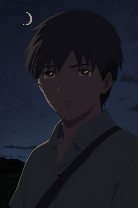 high resolution, solo, best quality, 1Boy, Takaki Toono, Brownish Hair, Brown Eyes, open space, night sky, moon, OverallDetail