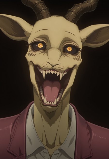 high quality, detailed, male, solo male, MelonBeastars, anthro, beastars,   animal ears, skinny, 

 masterpiece, 
best quality, 
hyper-realistic, 
ultra-HD,  
masterpiece, 
best quality, 
hyper-realistic,  

  ((((large eyes)))),  ((((detailed teeth)))),      ((((sharp teeth)))),    face focus,  ((((open mouth)))),

safe_pos, 
high quality, 
detailed, 
male, 
solo male,  
anthro, 
beastars,   
animal ears, 
skinny, 
 
 
((skinny)),  
horns,
 


 (glowing yellow pupils), ((((black sclera)))), ((black iris)), 

(detailed Victorian shirt and jacket),  ((vampire)), ((white body)), 

((skinny)),

 
 
 
 small horns, 

gazelle tail,   detailed long eyelashes,  

black background, 

<lora:Jokerized - Joker Venom - Concept IllustriousXL - Noob LORA:1>

 