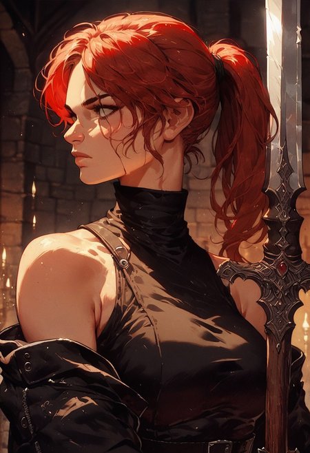 score_9, score_8_up, score_8, 1girl, solo, knva, upper body, source_anime, lara croft, black leather dress, bare shoulders, red hair, large breasts, sword, fantasy, medieval, ponytail, dungeon,