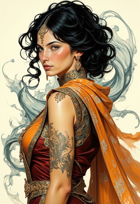 A traditional Indian masterpiece blending the essence of Mughal Opulence with a sensual, surreal allure. The artwork depicts an enigmatic, erotic yet divine Indian goddess, her delicate face framed by cascading black hair, adorned with intricate temple jewelry and soft, ornate braids. Her mesmerizing almond-shaped eyes, set with a radiant shade of amber, glow gently, contrasting with her golden-hued skin as she gazes provocatively at the viewer. The inkwork swirls in rich shades of ochre and maroon, flowing harmoniously across the composition. She wears a traditional saree, its luxurious fabric slipping from her shoulders to reveal a tantalizing glimpse of her neckline and cleavage. Her arm bears a large tattoo. Abstract swirls of henna-inspired patterns, reminiscent of intricate mehndi designs, curve and twist around her form, imparting a sense of fluid, ethereal movement. The ink composition comes alive with surreal splashes of deep vermilion, soft ivory, and smoky indigo, enhancing the imagery while embracing the beauty of imperfections. This goddess exudes an intoxicating mix of mysticism and eroticism, seamlessly blending Indian beauty with surreal, otherworldly grace.