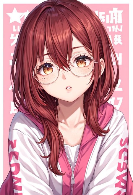 bubukk4,
parted lips, looking at viewer, round eyewear, detailed face, freckles, red hair, brown hair, hair between eyes, mole under eye, oversized jacket,